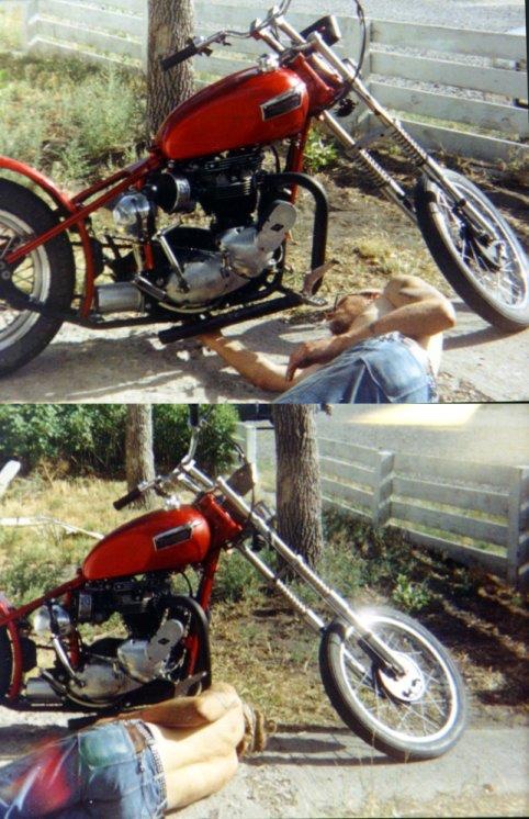 Neil Richard (Rick) Peterson working on motorcycle